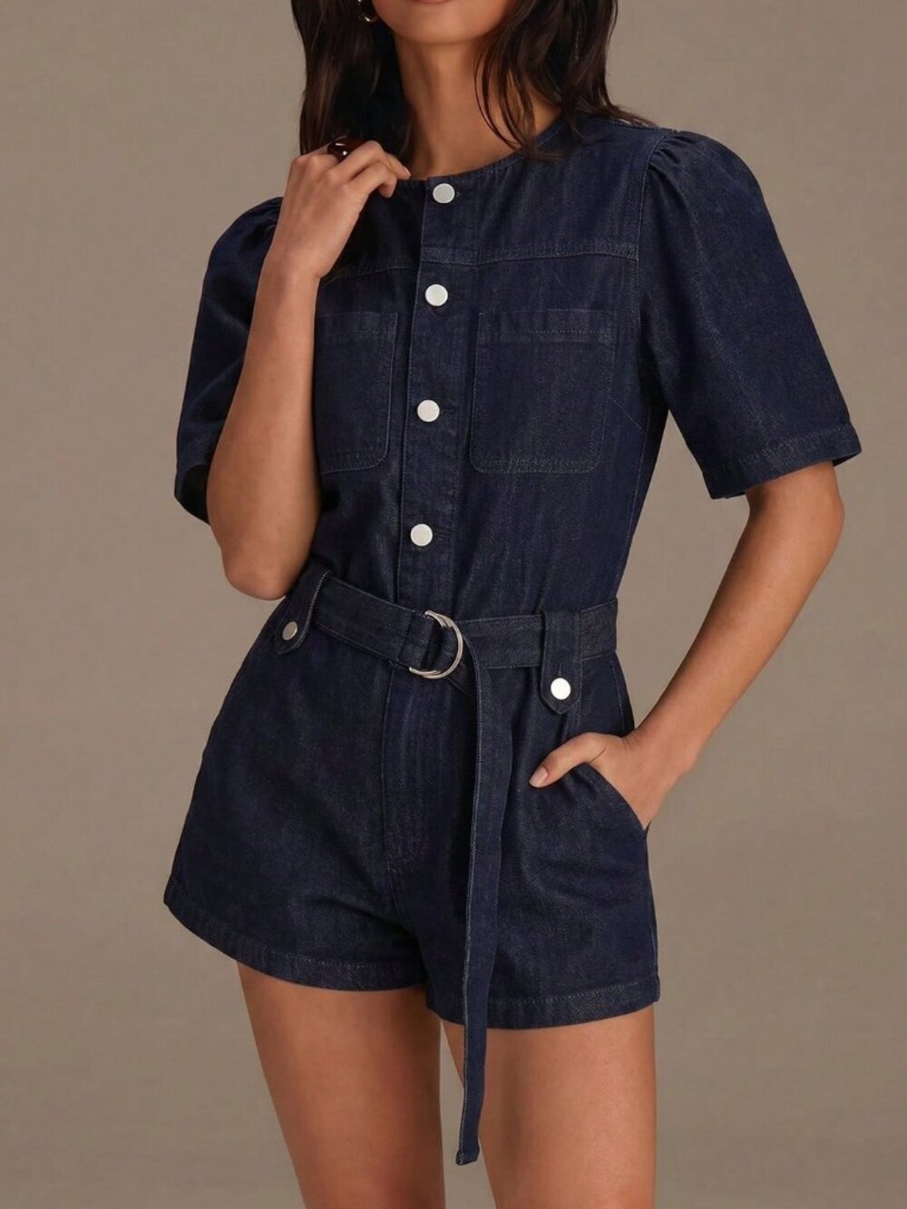 Navy Blue Casual Women's Denim Short Sleeve Jumpsuit romper